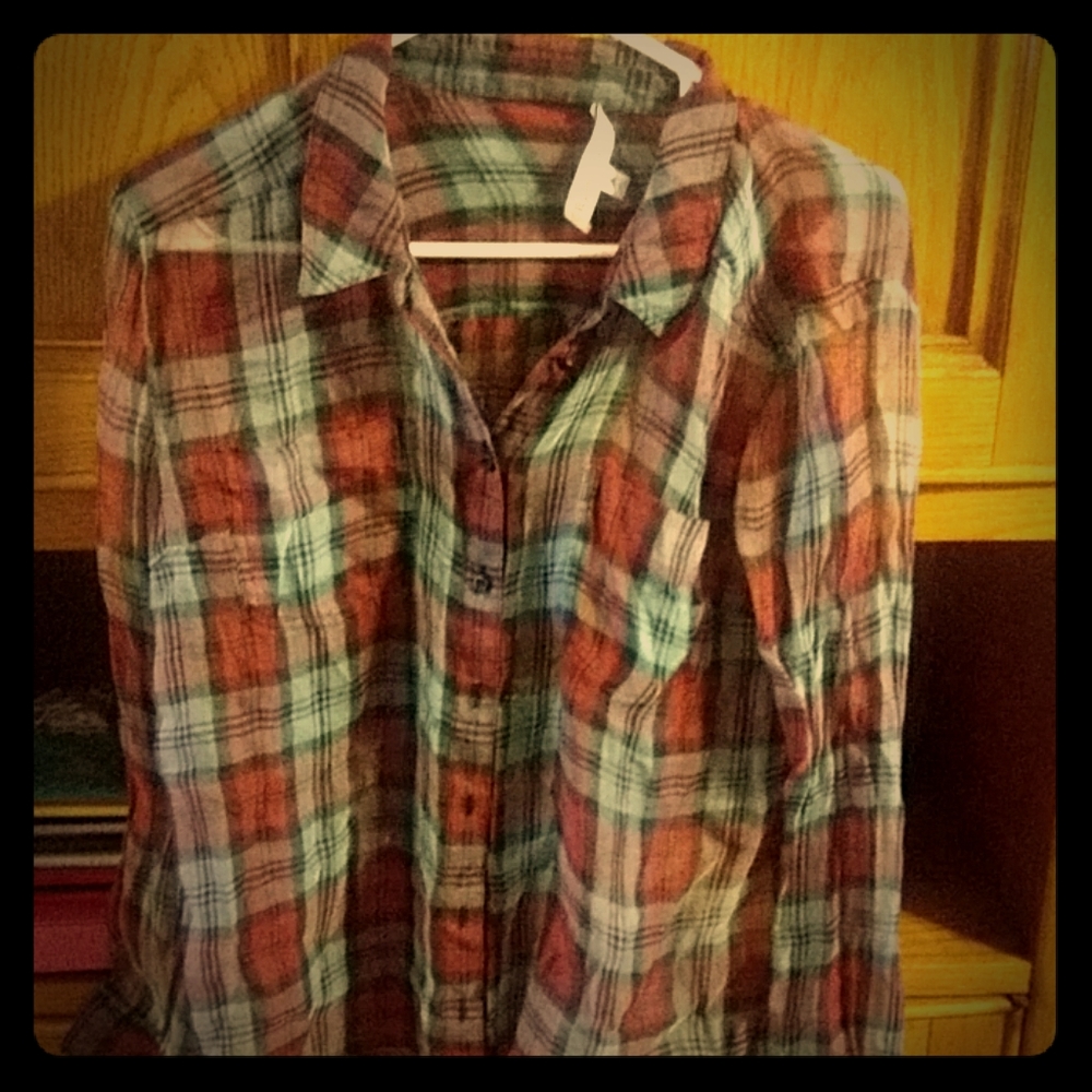 Elizabeth james transparent plaid button downt